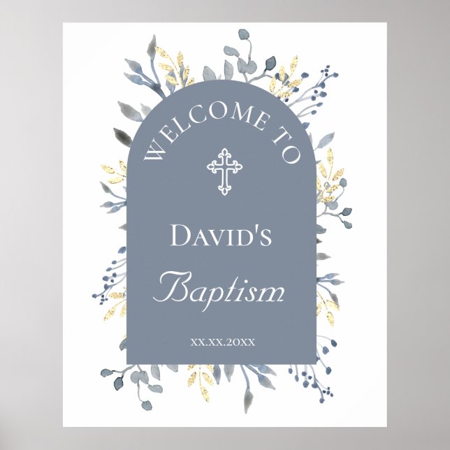 Baptism blue foliage poster welcome sign (Front)