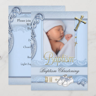 Baptism Blue Gold Cross Boy Christening 2 Invitation