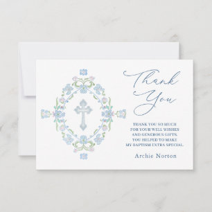 Baptism Blue Green Floral Thank You Card