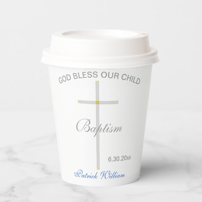 Baptism Blue Name Silver Gold Cross Paper Cups (Front)