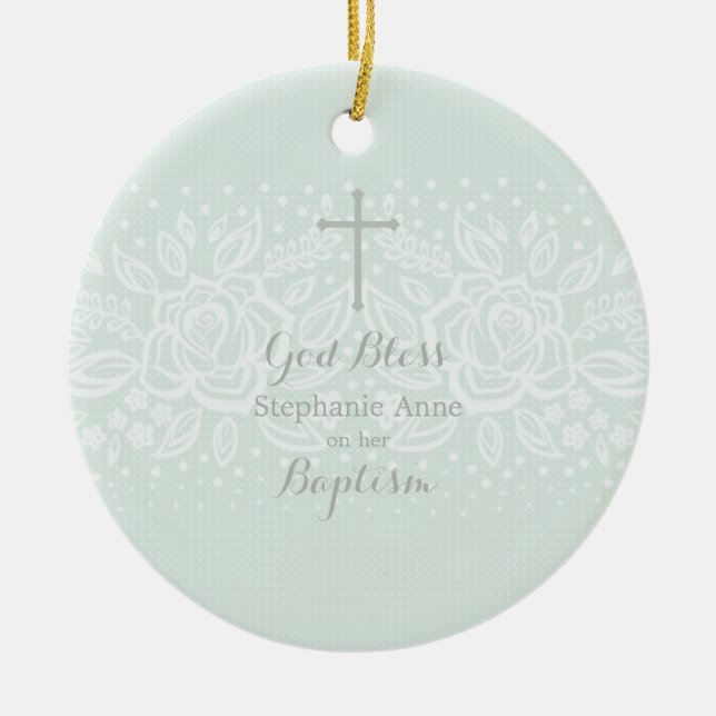 Baptism Blue Opal Delicate Floral Lace Ceramic Ornament (Front)