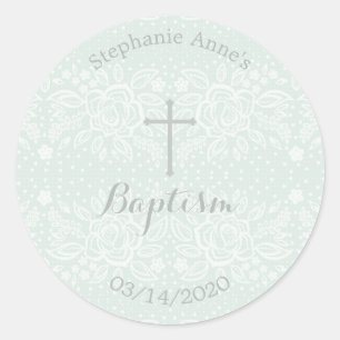 Baptism Blue Opal Delicate Floral Lace Classic Round Sticker