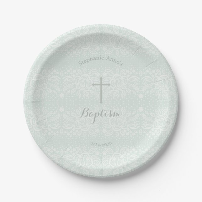 Baptism Blue Opal Delicate Floral Lace Paper Plate (Front)
