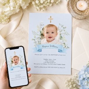 Baptism Blue Photo Arch Boy White Florals Invitation