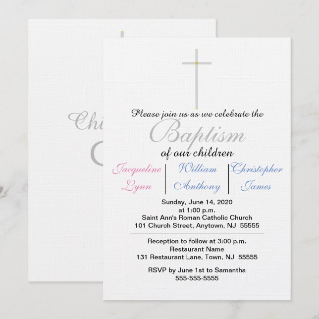 Baptism Blue Pink Triplets Invitation (Front/Back)