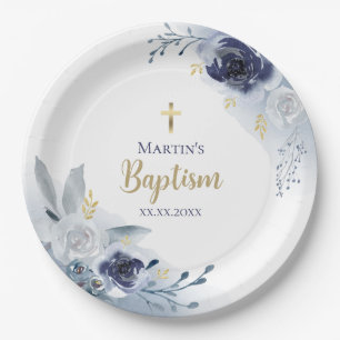 Baptism blue roses baby boy paper plate