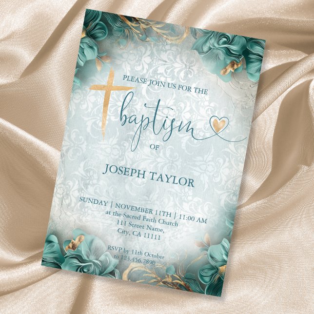Baptism Blue Rustic Gold Cross Christening Invitation (Creator Uploaded)