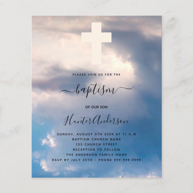 Baptism blue sky boy cross budget invitation flyer (Front)