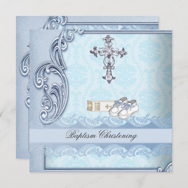 Baptism Blue Teal Cross Boy Damask christening Invitation (Front/Back)