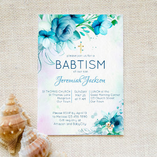Baptism blue teal green flowers boy christening invitation