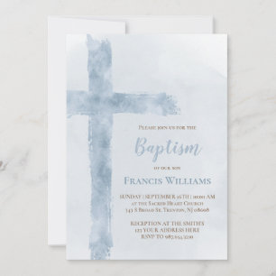Baptism blue watercolor cross invitation