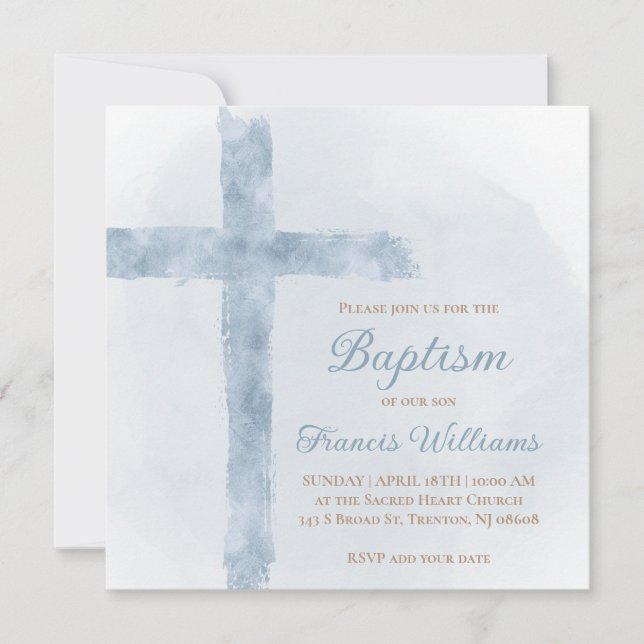 Baptism blue watercolor cross invitation (Front)