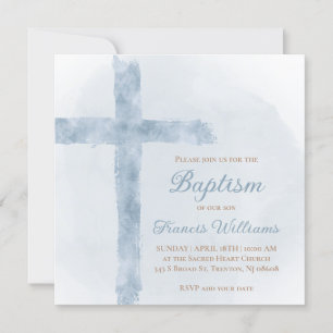 Baptism blue watercolor cross invitation