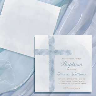 Baptism blue watercolor cross small invitation
