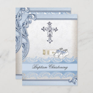 Baptism Blue White Cross Boy Damask christening Invitation