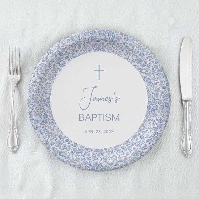 Baptism Blue White Floral Pattern Boy Christening  Paper Plate (Creator Uploaded)