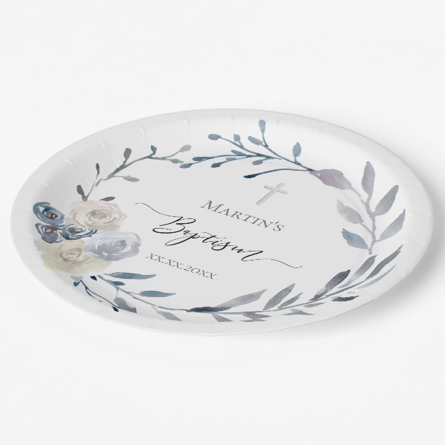 Baptism blue wreath  Paper Plate (Angled)