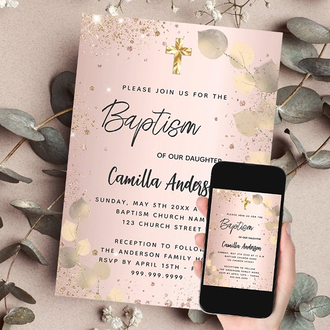 Baptism blush eucalyptus golf glitter invitation (Creator Uploaded)