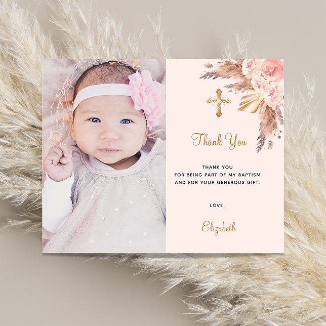 Baptism blush pampas floral photo thank you card (Creator Uploaded)