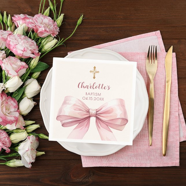 Baptism blush pink bow cream cross napkin (Creator Uploaded)