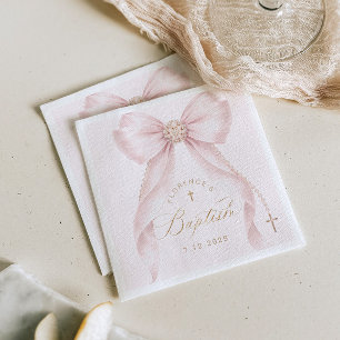 Baptism Blush Pink Bow Pearls Napkin