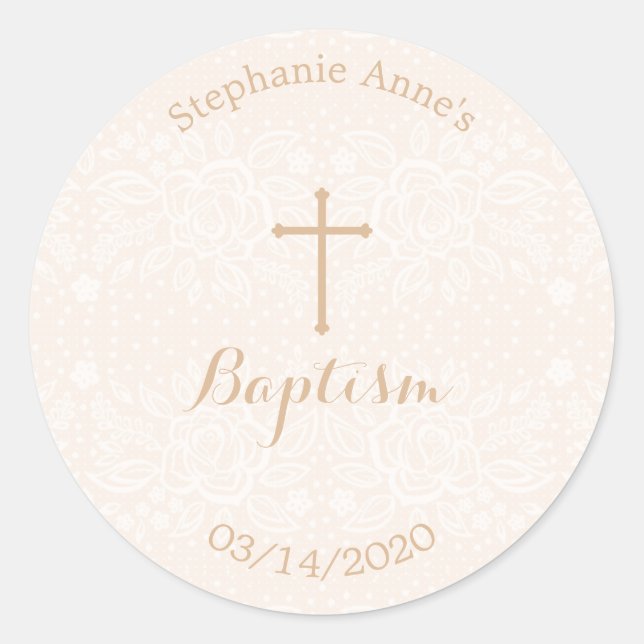 Baptism Blush Pink Delicate Floral Lace Classic Round Sticker (Front)