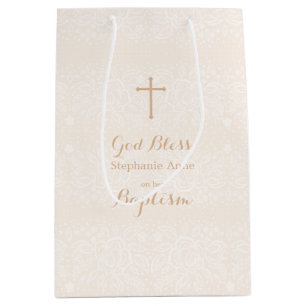Baptism Blush Pink Delicate Floral Lace Medium Gift Bag