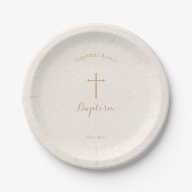 Baptism Blush Pink Delicate Floral Lace Paper Plate (Front)