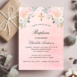 Baptism blush pink floral girl elegant invitation