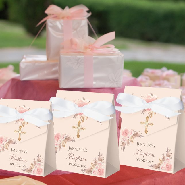 Baptism blush pink floral pampas grass rose gold favour box (Creator Uploaded)