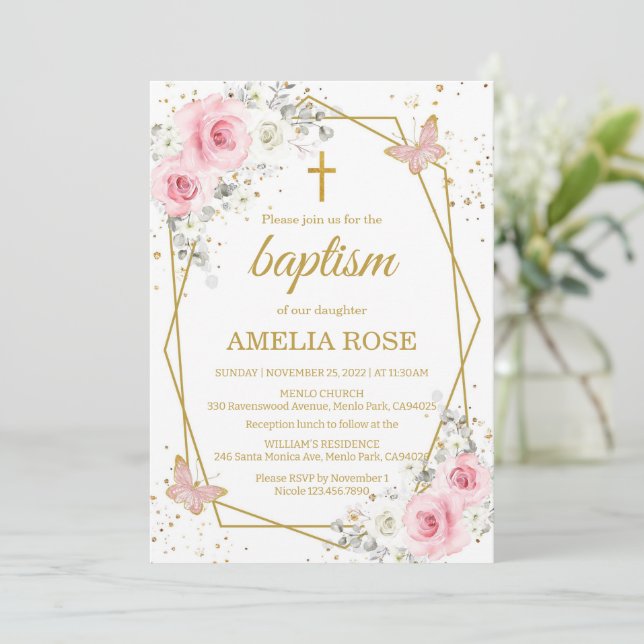 Baptism blush pink florals butterfly girl  invitation (Standing Front)