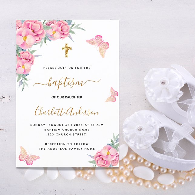 Baptism blush pink florals butterfly girl invitation (Creator Uploaded)