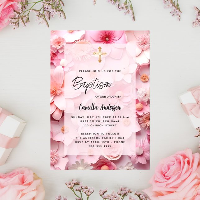 Baptism blush pink flowers baby girl invitation postcard (Creator Uploaded)