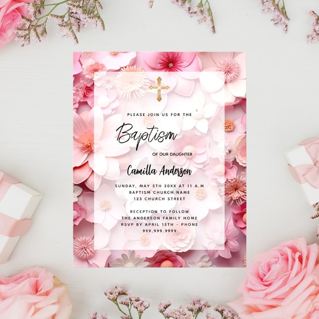 Baptism blush pink flowers girl budget invitation flyer (Creator Uploaded)