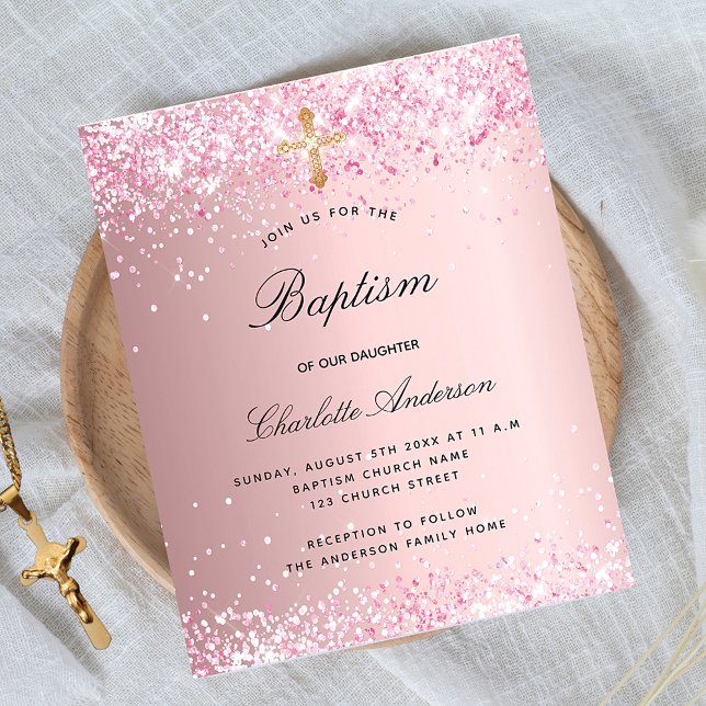 Baptism blush pink glitter girl budget invitation (Creator Uploaded)