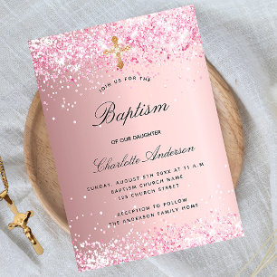 Baptism blush pink glitter girl invitation