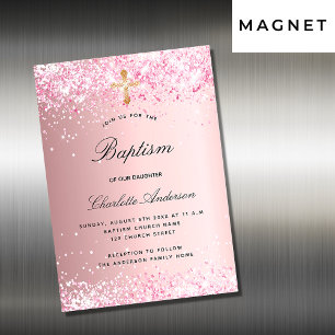 Baptism blush pink glitter girl luxury magnetic invitation