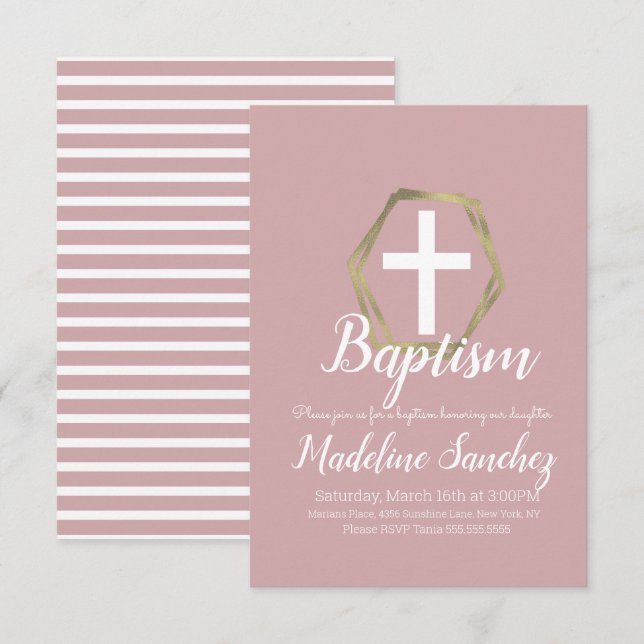 Baptism Blush Pink Gold Dedication Christening Invitation (Front/Back)