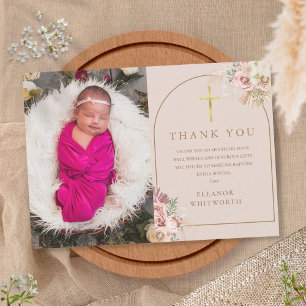 Baptism Blush Pink Gold Pampas Grass Photo Thank You Card