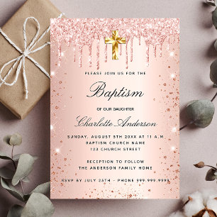 Baptism blush rose gold glitter drips girl luxury invitation