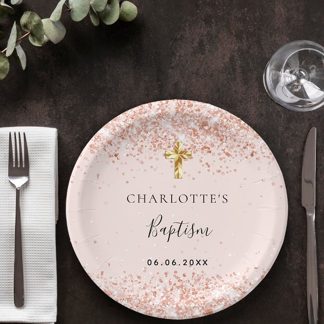 Baptism blush rose gold name girl paper plate (Creator Uploaded)