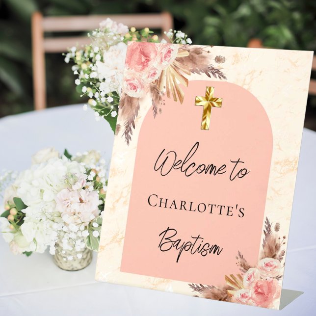 Baptism blush rose gold pampas grass arch welcome pedestal sign (Creator Uploaded)