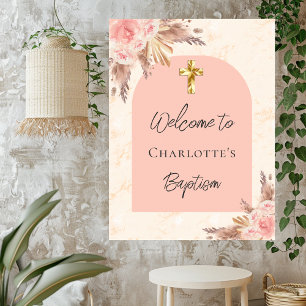 Baptism blush rose gold pampas grass arch welcome poster