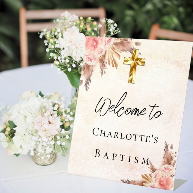 Baptism blush rose gold pampas grass cross welcome pedestal sign (Creator Uploaded)