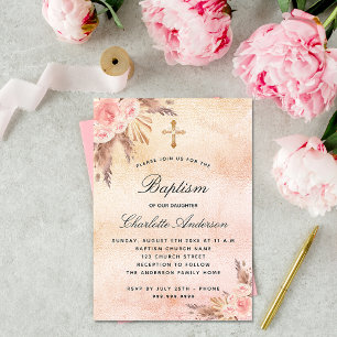 Baptism blush rose gold pampas grass floral invitation