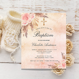 Baptism blush rose pampas grass budget invitation flyer