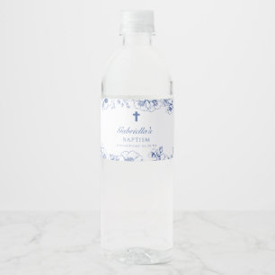Baptism Botanical Blue  Floral Water Bottle Label