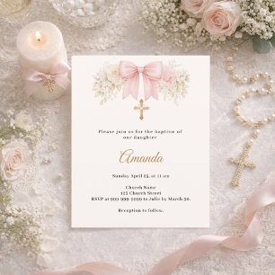 Baptism Bow Blush Pink Florals Cross Invitation