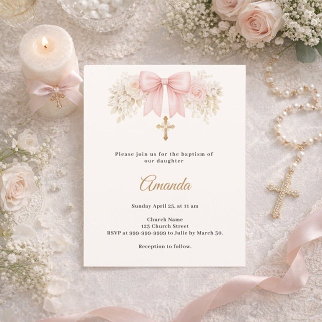 Baptism Bow Blush Pink Florals Cross Invitation (Creator Uploaded)