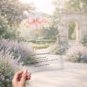 Baptism Bow Blush Pink Florals Neutrals Cross Arch Acrylic Invitations